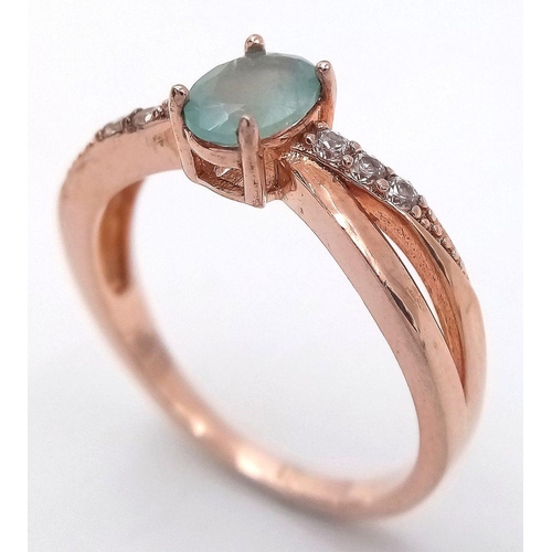 970 - An Unworn Rose Gold Gilt Sterling Silver Aquamarine and White Sapphire Ring Size S1/2. The Ring is s... 