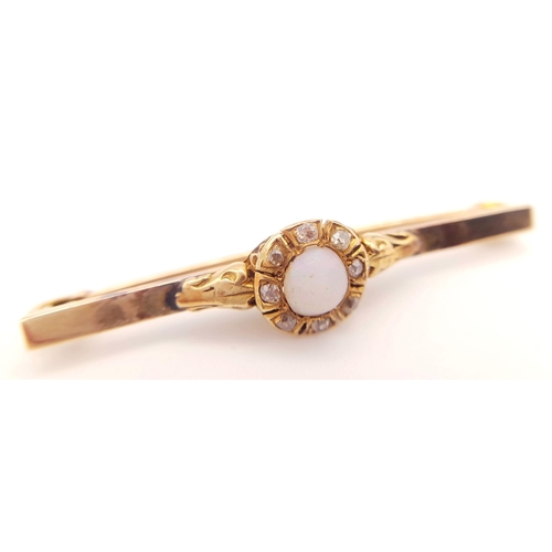 111 - Antique GOLD,  OPAL and DIAMOND BROOCH. Having FIRE OPAL CABOCHON mounted to Centre. Set with 8 x Ol... 