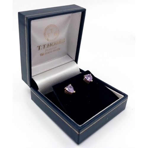 160 - Extremely stylish pair of 9 carat GOLD ‘ROSE de FRANCE’ AMETHYST EARRINGS. Beautifully faceted heart... 