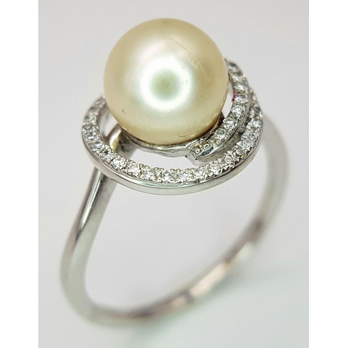 177 - A 14K WHITE GOLD DIAMOND & PEARL SWIRL RING 3.2G SIZE O. Ref: CHIN 5001