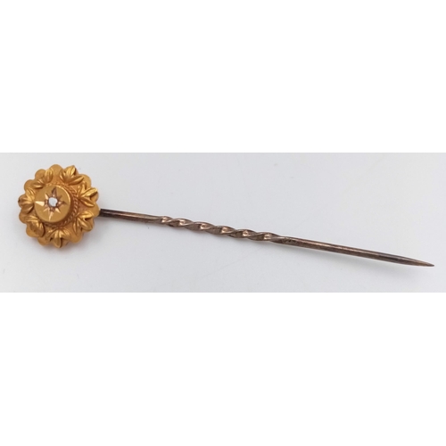 188 - Antique Victorian TIE PIN with 15 CARAT GOLD FINIAL set with DIAMOND to centre.