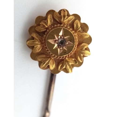 188 - Antique Victorian TIE PIN with 15 CARAT GOLD FINIAL set with DIAMOND to centre.