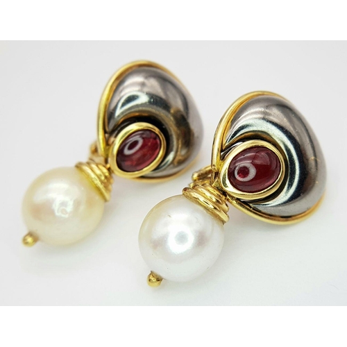 19 - A PAIR OF 18K YELLOW GOLD PEARL & RUBY SET DROP EARRINGS, CLIP ONS 19.0G. Ref: A/S 1167