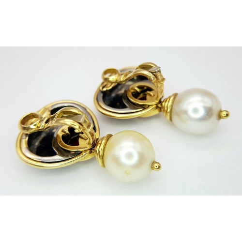 19 - A PAIR OF 18K YELLOW GOLD PEARL & RUBY SET DROP EARRINGS, CLIP ONS 19.0G. Ref: A/S 1167