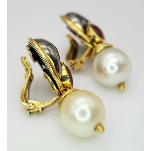 19 - A PAIR OF 18K YELLOW GOLD PEARL & RUBY SET DROP EARRINGS, CLIP ONS 19.0G. Ref: A/S 1167