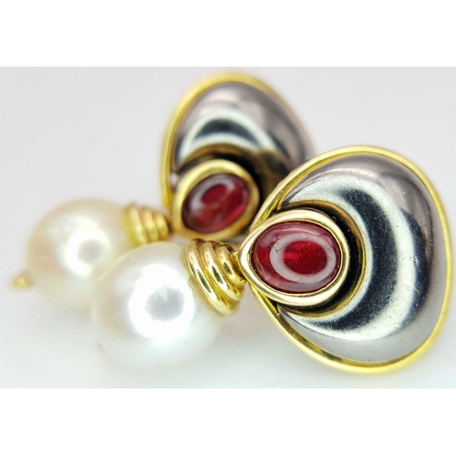 19 - A PAIR OF 18K YELLOW GOLD PEARL & RUBY SET DROP EARRINGS, CLIP ONS 19.0G. Ref: A/S 1167