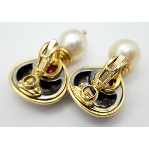 19 - A PAIR OF 18K YELLOW GOLD PEARL & RUBY SET DROP EARRINGS, CLIP ONS 19.0G. Ref: A/S 1167