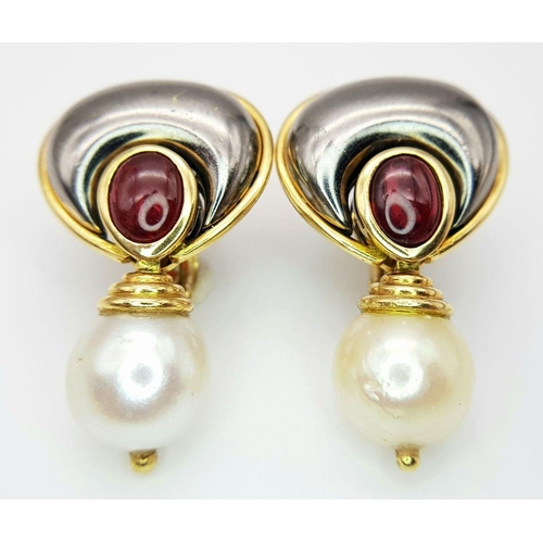 19 - A PAIR OF 18K YELLOW GOLD PEARL & RUBY SET DROP EARRINGS, CLIP ONS 19.0G. Ref: A/S 1167