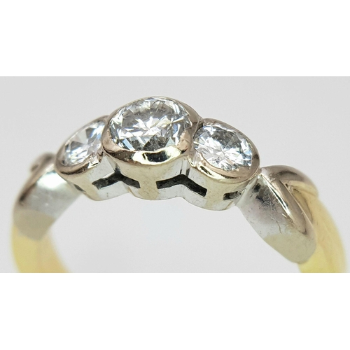 33 - AN 18K YELLOW GOLD OLD CUT DIAMOND 3 STONE RING. 0.40CT DIAMONDS, 5.3G SIZE M 1/2. Ref: A/S 1148