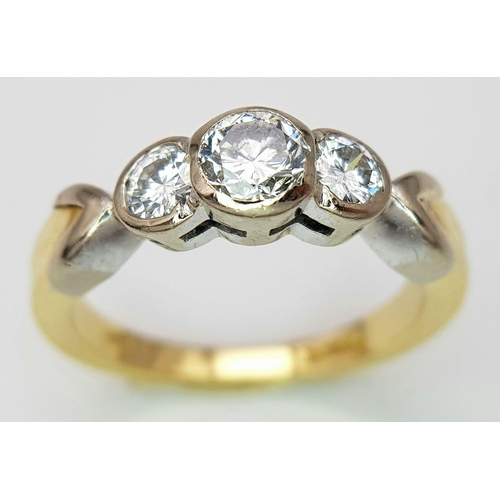 33 - AN 18K YELLOW GOLD OLD CUT DIAMOND 3 STONE RING. 0.40CT DIAMONDS, 5.3G SIZE M 1/2. Ref: A/S 1148