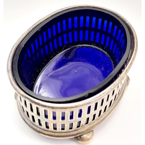 497 - Antique SILVER SALT DISH with BLUE GLASS liner in perfect condition. Clear Hallmark for Elkington, B... 