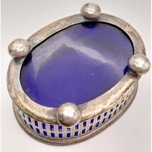 497 - Antique SILVER SALT DISH with BLUE GLASS liner in perfect condition. Clear Hallmark for Elkington, B... 