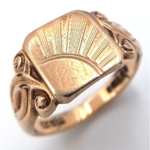 63 - Vintage 9 carat GOLD SIGNET RING. Classic Sun Ray design . Attractive ornate shoulders. Full UK hall... 