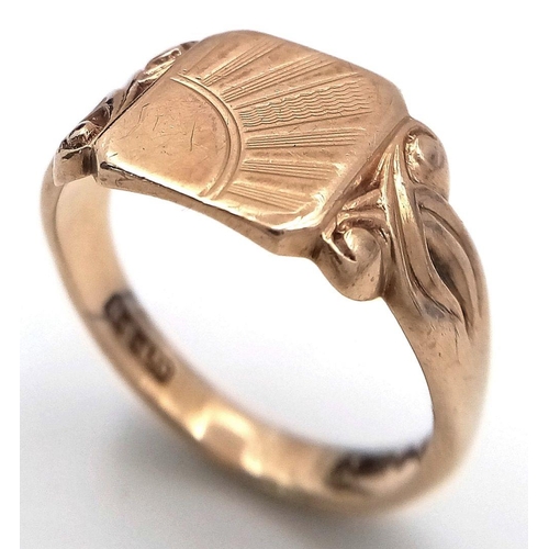 63 - Vintage 9 carat GOLD SIGNET RING. Classic Sun Ray design . Attractive ornate shoulders. Full UK hall... 