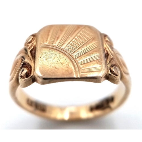 63 - Vintage 9 carat GOLD SIGNET RING. Classic Sun Ray design . Attractive ornate shoulders. Full UK hall... 