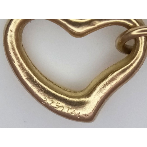 1090 - A 9K Yellow Gold Link Bracelet with Hanging Heart Decoration. 18cm. 1.1g weight.