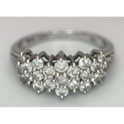 113 - A 14K White Gold Diamond Pave Ring in a Three, Two Formation. Size R. 3.8g total weight. ref: STK019... 