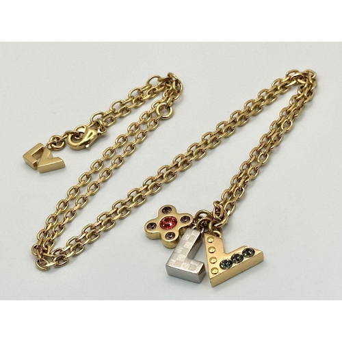 127 - A Louis Vuitton Gold Plated Necklace with Hanging LV Charms/Pendants. 52cm necklace length. ref: STK... 