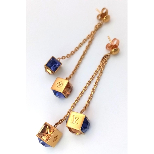 134 - A Pair of Louis Vuitton Stone Set Drop Earrings. Two purple stone cubes in a 6 and 4cm drop. ref: ST... 