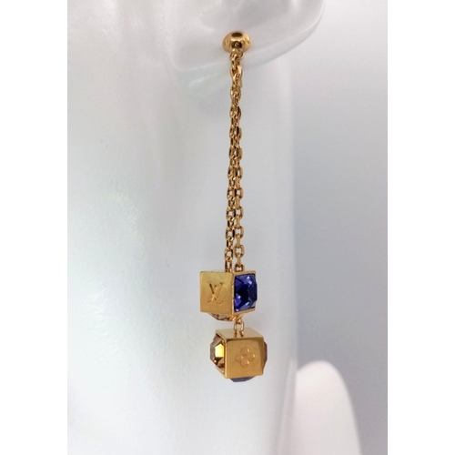 134 - A Pair of Louis Vuitton Stone Set Drop Earrings. Two purple stone cubes in a 6 and 4cm drop. ref: ST... 