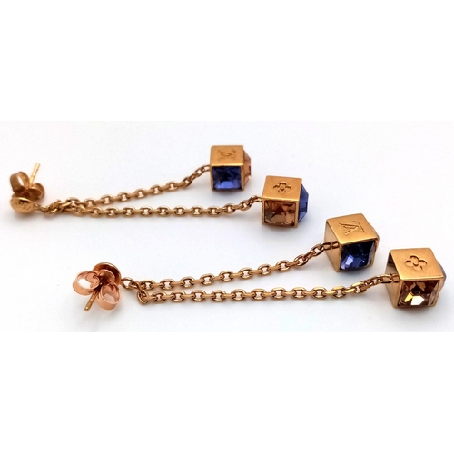 134 - A Pair of Louis Vuitton Stone Set Drop Earrings. Two purple stone cubes in a 6 and 4cm drop. ref: ST... 