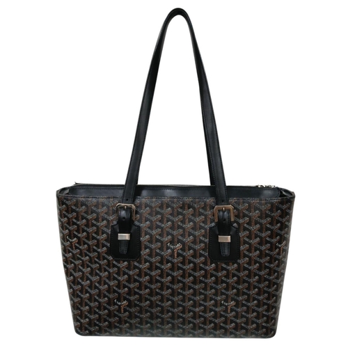 211 - A Goyard Monogrammed Tote Bag. Coated canvas exterior with black leather trim, silver-tone hardware,... 