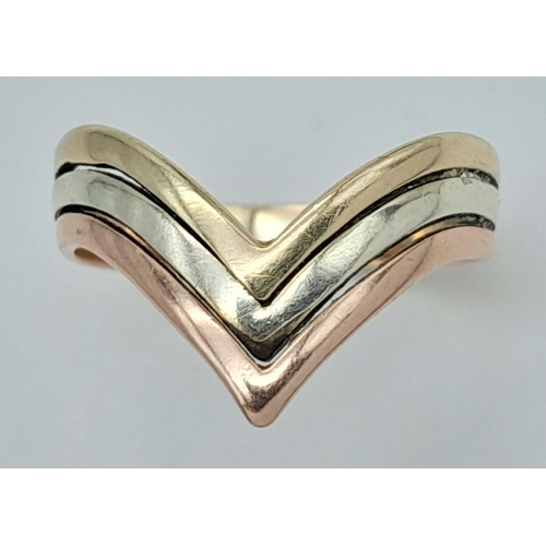 212 - A 14K THREE COLOURED CHEVRON STYLE RING .   2.3gms    size O