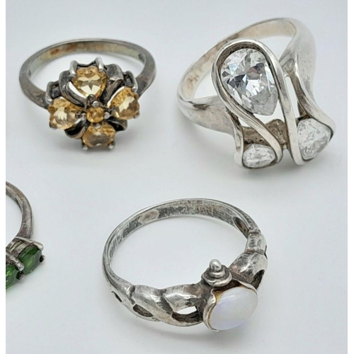 216 - Selection of GEMSTONE SET SILVER RINGS. To include Opal, Zirconia, Green Diopside,Citrine coloured,e... 