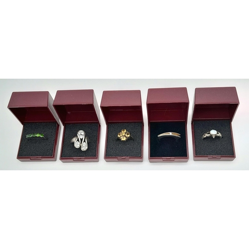 216 - Selection of GEMSTONE SET SILVER RINGS. To include Opal, Zirconia, Green Diopside,Citrine coloured,e... 