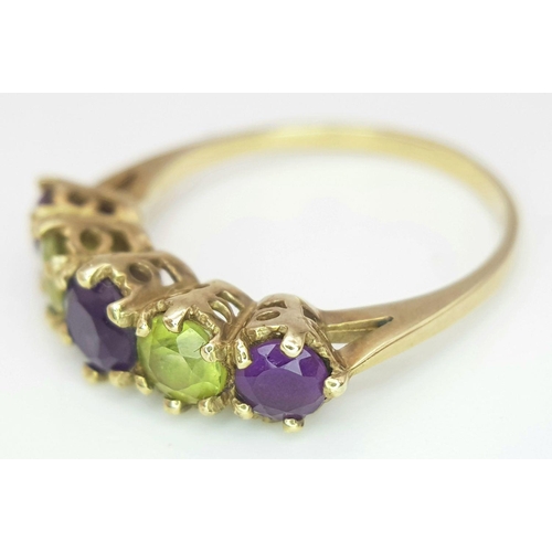 219 - A 9K GOLD RING WITH AMETHYST AND CITRINE STONES .   2.3gms    size N