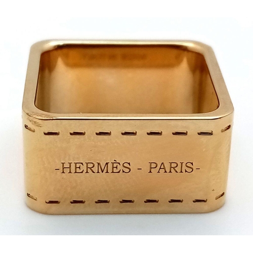 438 - A Hermes Gold Plated Square Scarf Ring. 2cm x 2cm. Comes in original box. ref: STK019615