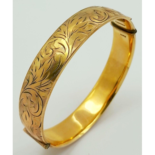 616 - Classic Vintage GOLD BANGLE. Beautifully decorated. Hinge in perfect working order. Inside bangle sh... 