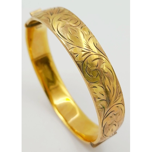 616 - Classic Vintage GOLD BANGLE. Beautifully decorated. Hinge in perfect working order. Inside bangle sh... 