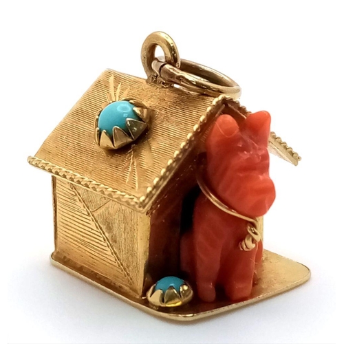 73 - A Vintage 18K Yellow Gold Dog House Pendant/Charm. Comes with a red coral dog and turquoise accents.... 