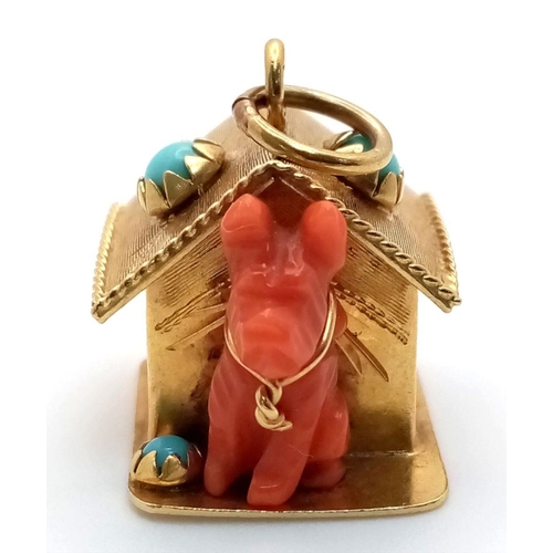 73 - A Vintage 18K Yellow Gold Dog House Pendant/Charm. Comes with a red coral dog and turquoise accents.... 