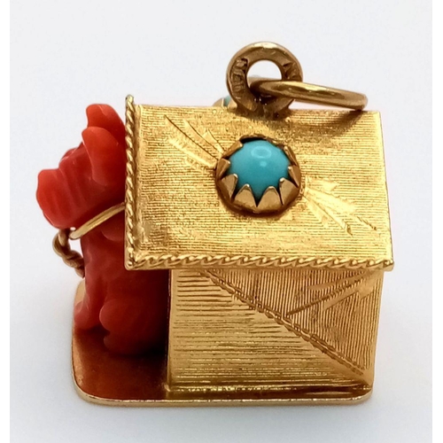 73 - A Vintage 18K Yellow Gold Dog House Pendant/Charm. Comes with a red coral dog and turquoise accents.... 