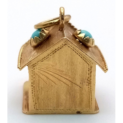 73 - A Vintage 18K Yellow Gold Dog House Pendant/Charm. Comes with a red coral dog and turquoise accents.... 