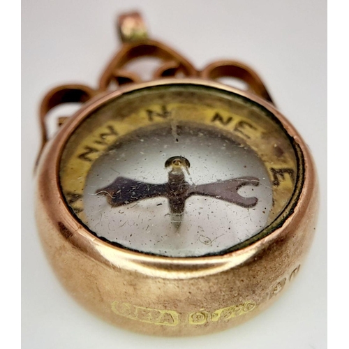 77 - Antique 9 carat GOLD, COMPASS PENDANT. Having clear Hallmark for Charles Edward Adams, Birmingham 19... 