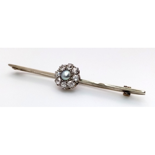 87 - An Antique 18K Gold Pearl and Diamond Bar Brooch. Centre pearl with an eight diamond surround. Note:... 