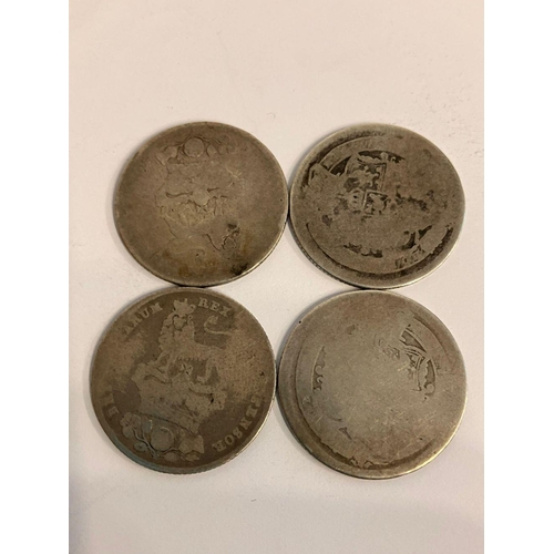 1100 - 4 x antique SILVER SHILLINGS worn condition to reverse side ,  heads and date are fair condition. To... 