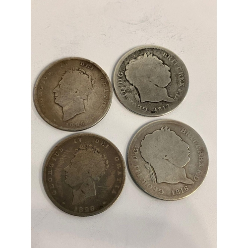 1100 - 4 x antique SILVER SHILLINGS worn condition to reverse side ,  heads and date are fair condition. To... 