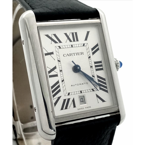 1 - A Must Cartier XL Gents Automatic Tank Watch. Black leather strap. Stainless steel case - 31mm width... 