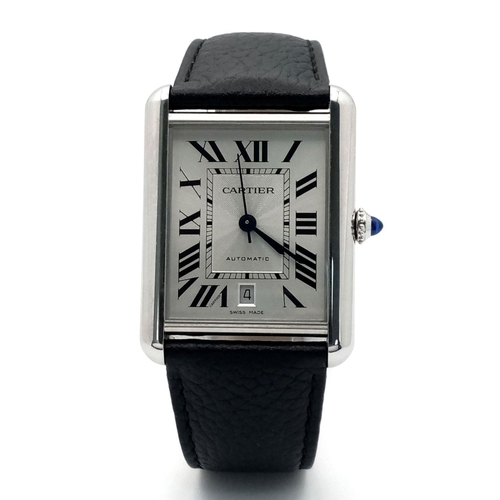 1 - A Must Cartier XL Gents Automatic Tank Watch. Black leather strap. Stainless steel case - 31mm width... 