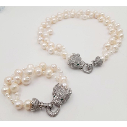 105 - A stunning, highly glamorous, two strand cultured pearl necklace and bracelet set with extraordinary... 