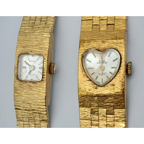 1058 - 2 x ladies vintage Gold Plated BRACELET WRISTWATCHES. To include an ACCURIST 17 Jewels with Square F... 