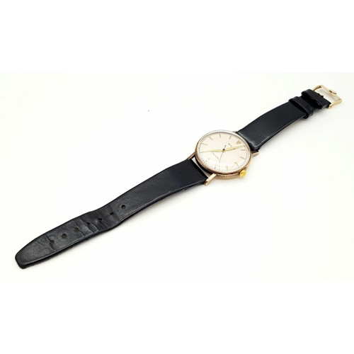 155 - A Vintage 1957 Rolex Precision 9K Gold Cased Gents Watch. Hand wind movement. Black leather strap wi... 