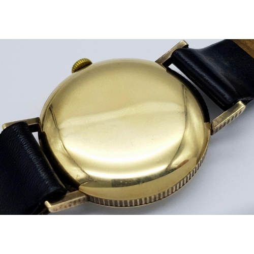 155 - A Vintage 1957 Rolex Precision 9K Gold Cased Gents Watch. Hand wind movement. Black leather strap wi... 