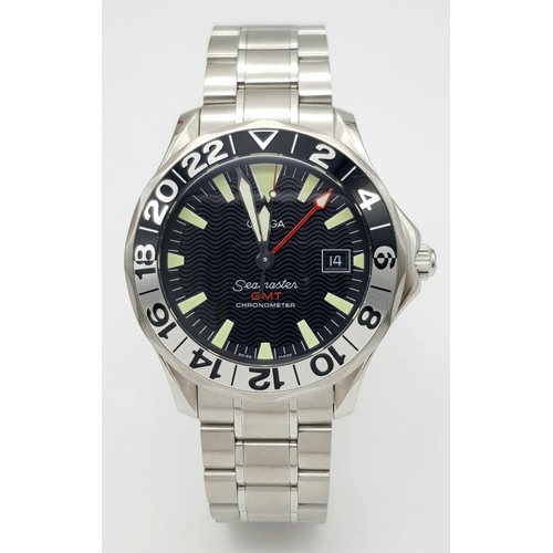 24 - An Omega Seamaster GMT Automatic Gents Watch. Stainless steel bracelet and case - 41mm. Black dial w... 