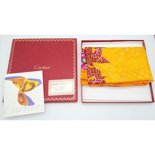 320 - An Oriental Detail Silk Scarf by Cartier. 88cm Square. Complete with Original Box, Booklet and Authe... 