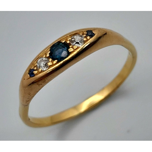 362 - A 18K yellow gold diamond and sapphire 5 stone ring, 0.04ct diamond weight, 0.15ct sapphire weight, ... 